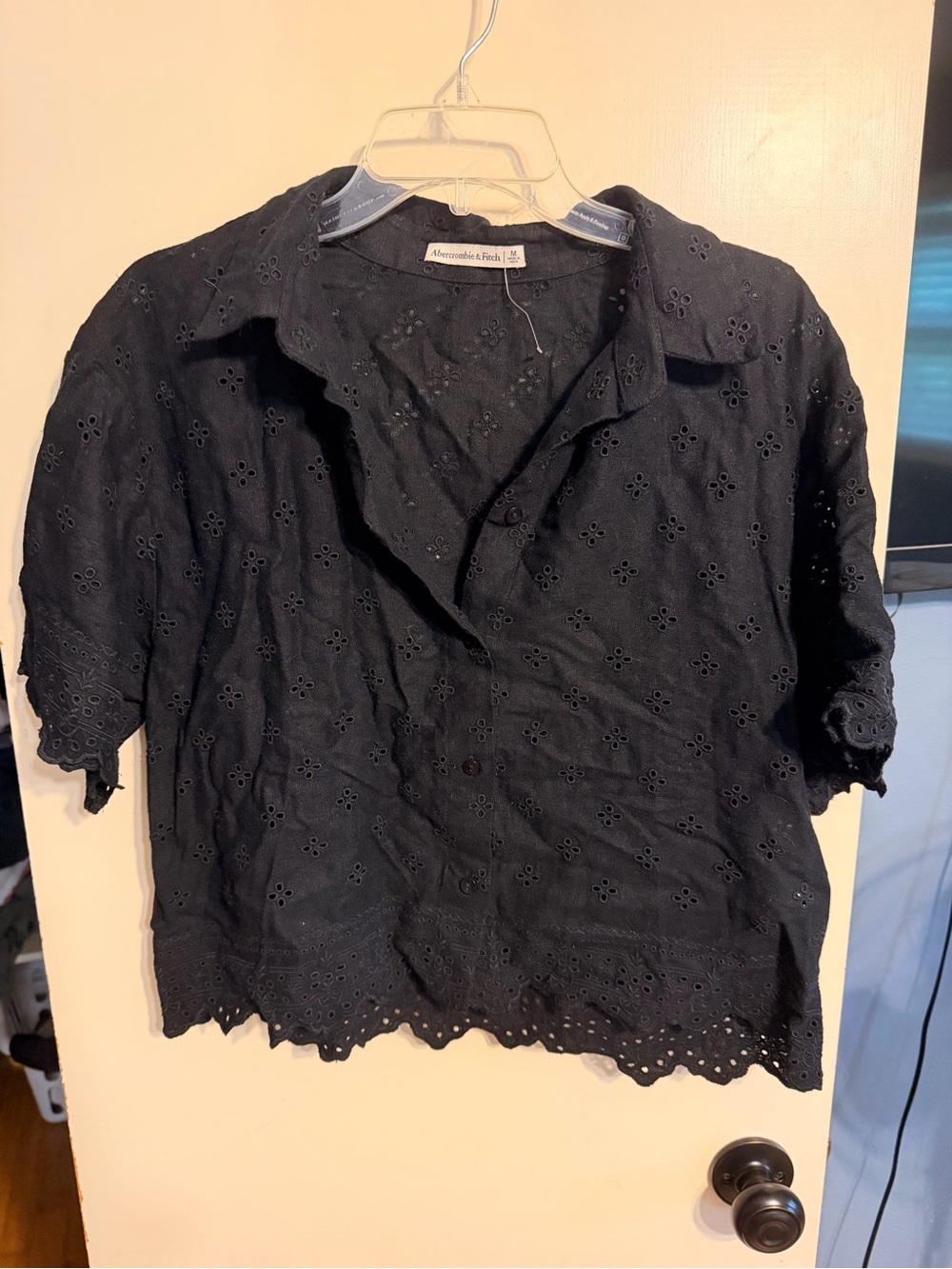 Abercrombie & Fitch Black Eyelet Embroidered Button Up Down Collared Blouse Top